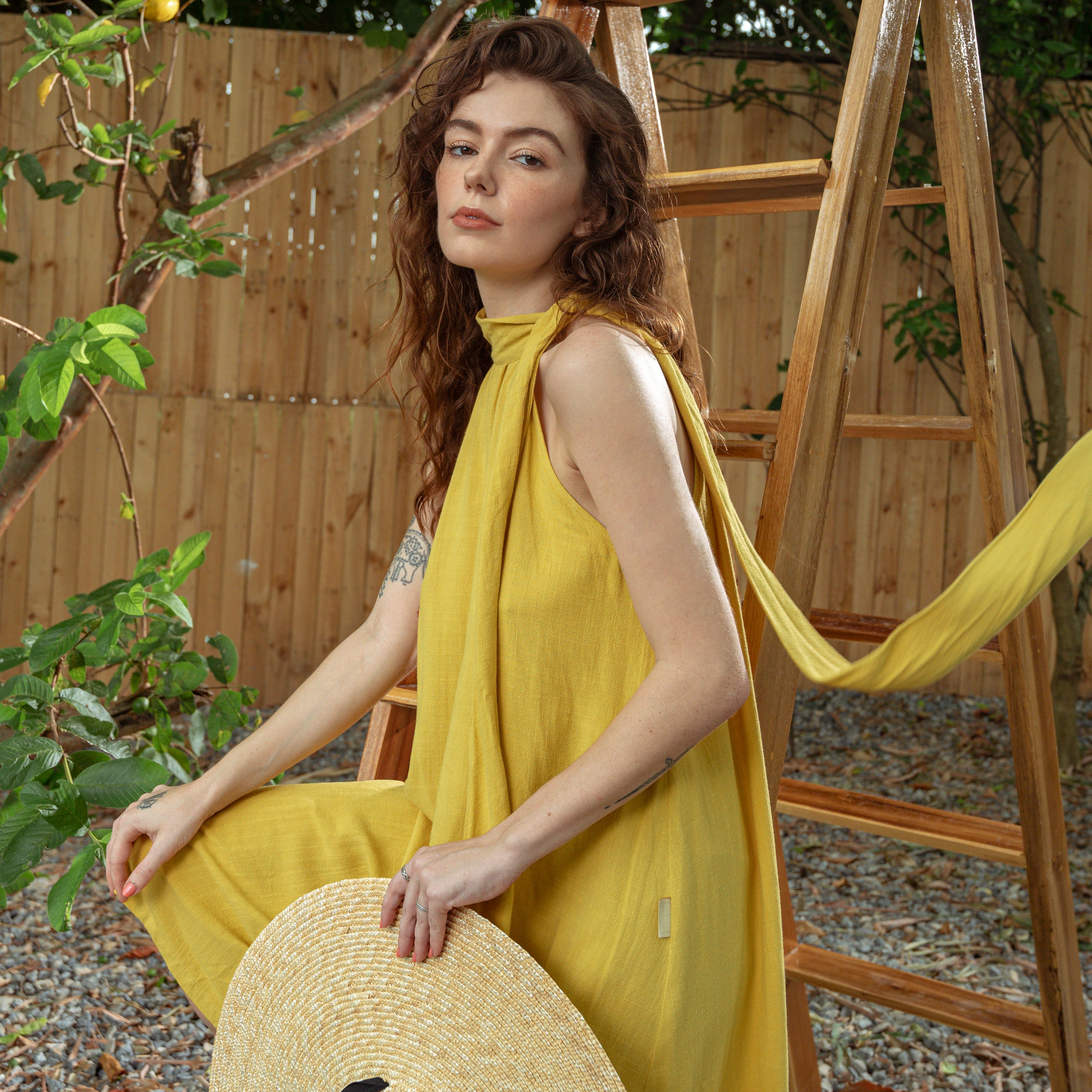 yellow linen halter dress Linen Mini Dress Butter Yellow Halter Smocked Linen Dress for Women US 12 / EU 44 / PETITE