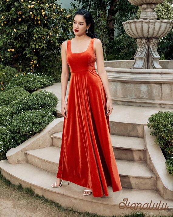 velour a line dress Velvet A-line Dress, Sleeveless Scoop Neck Gown, Open Back