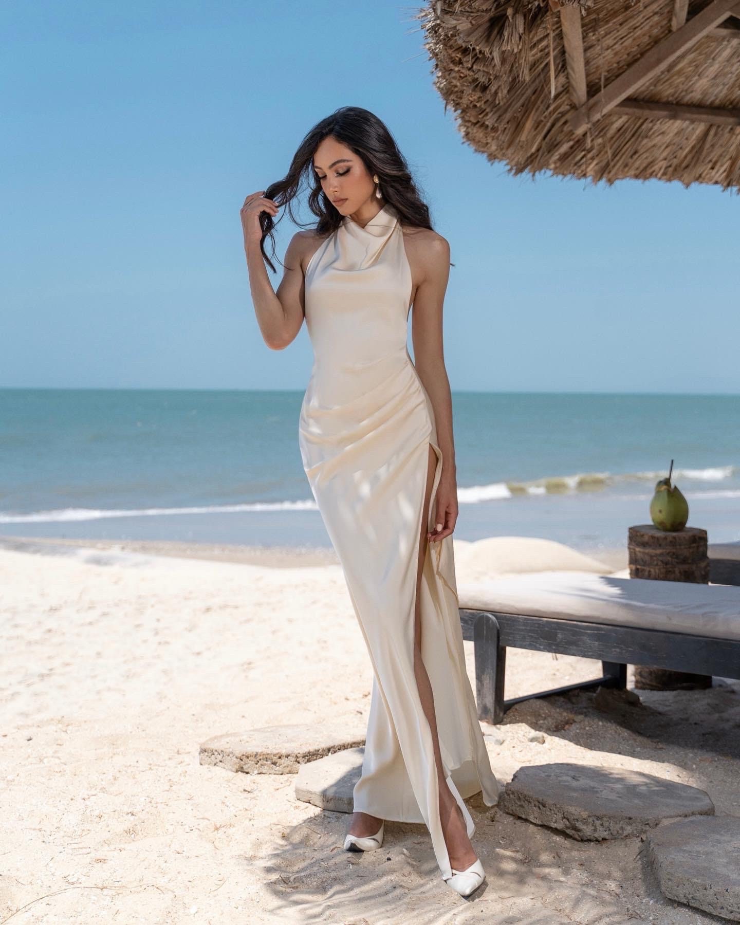 Ivory Silk Maxi Slip Dress, Sleeveless Halter Gown