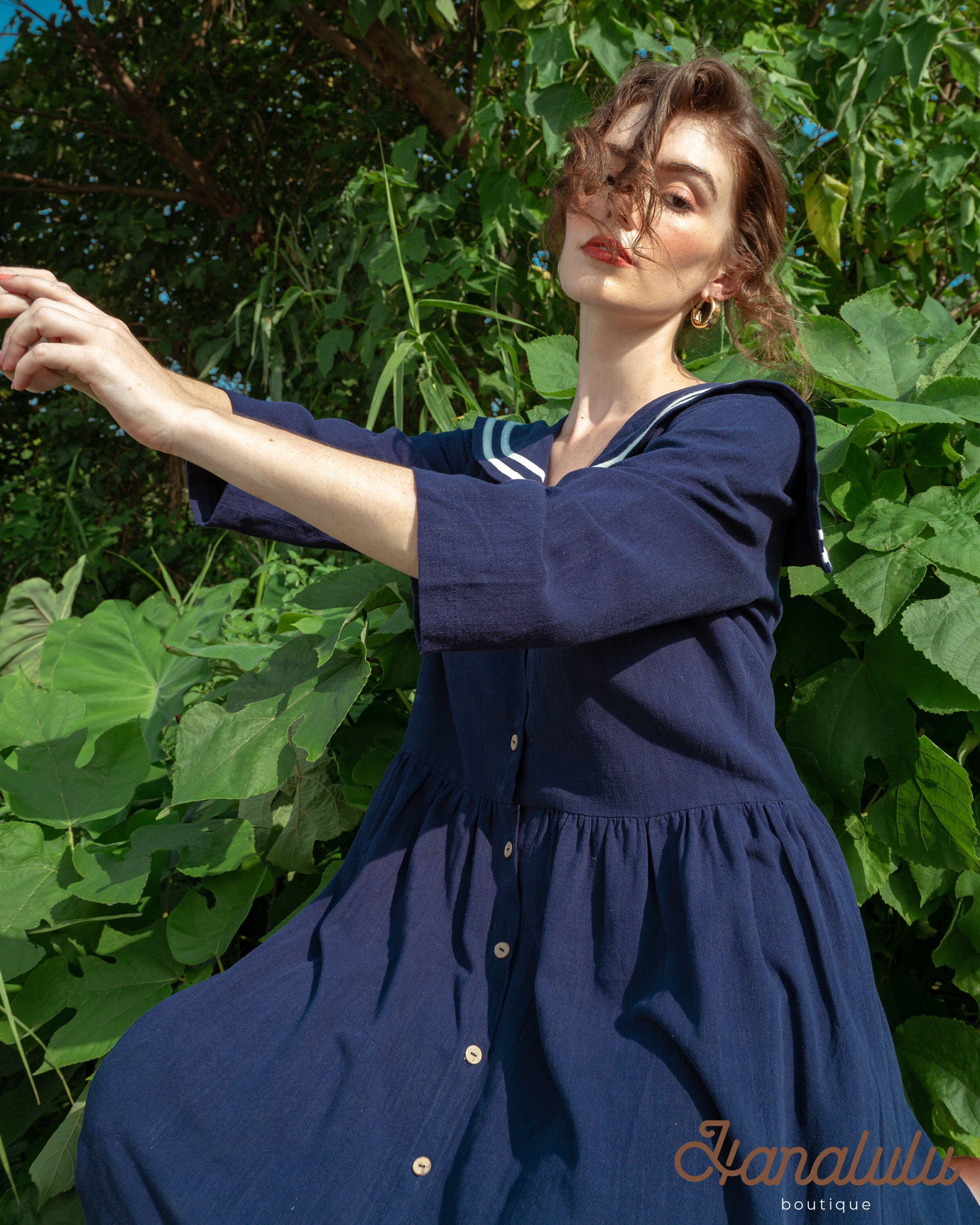 chinese dress ladies Maxi Sailor Dress Soft Linen Navy 2X / Navy main image 1