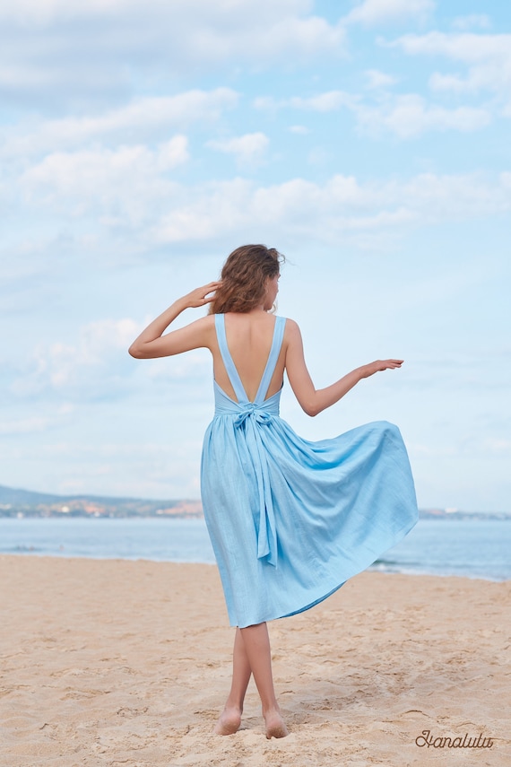 chinese dress ladies Linen Dress ALLEGRA With Open Back and Bow main image 1