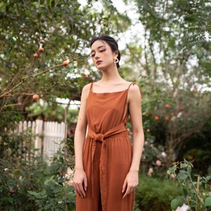 Linen Jumpsuit-Linen Overall-Linen Dungaree-Linen Pantsuit-Linen One Piece-Tied Straps, Squared Neck, Cropped Style Pant, Elastic Waist image 9