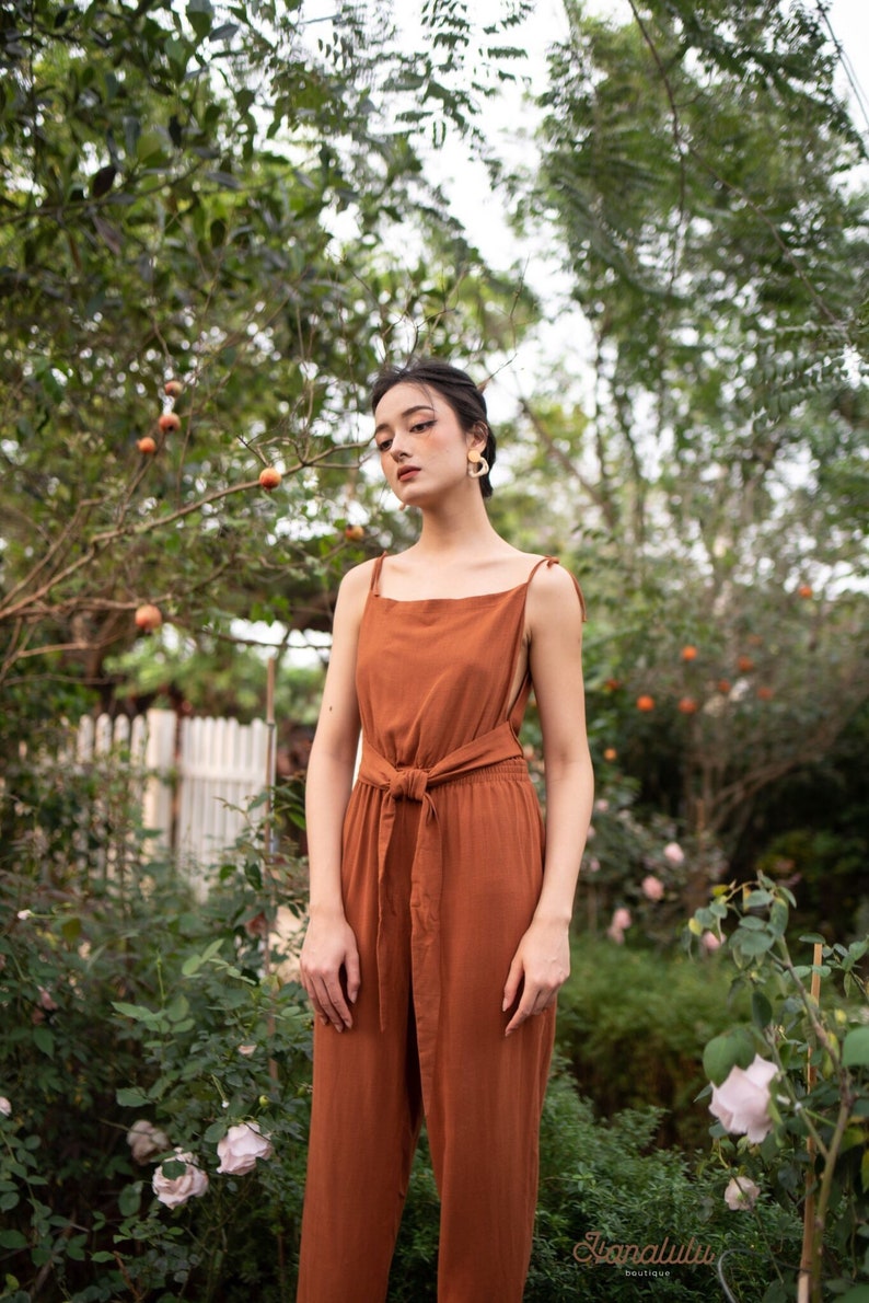 Linen Jumpsuit-Linen Overall-Linen Dungaree-Linen Pantsuit-Linen One Piece-Tied Straps, Squared Neck, Cropped Style Pant, Elastic Waist image 9