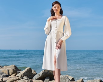 Linen Women Dress-Linen Summer Long Sleeves Dress-Linen Classic Button Down Dress-Linen Skater Dress-Linen Midi Dress