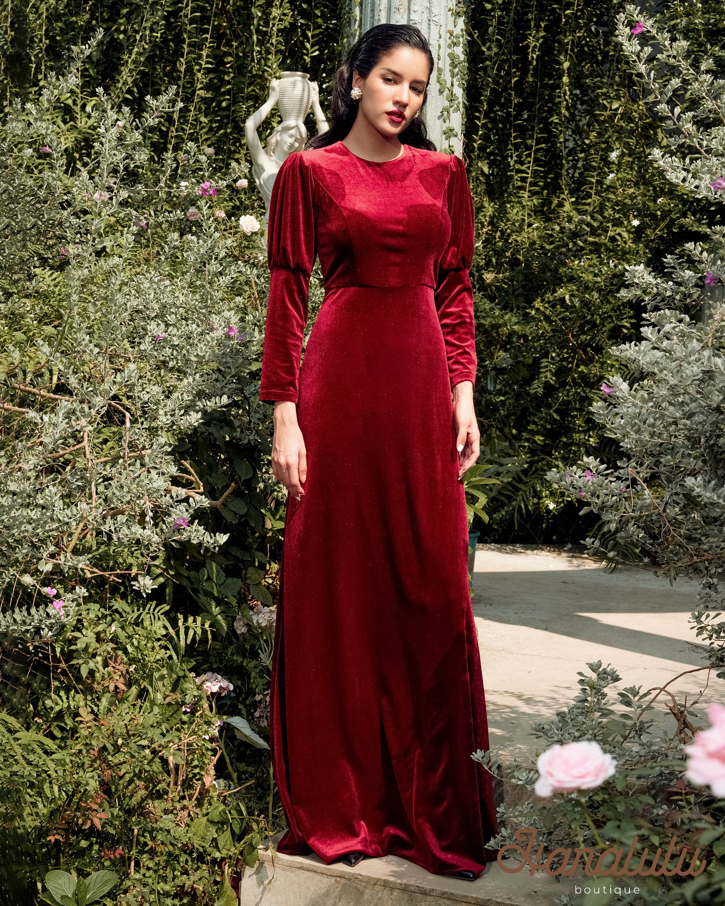 knee length dresses for ladies Fit and Flare Long Sleeve Deep Red Velvet Party Dress – misaislestyle main image 1