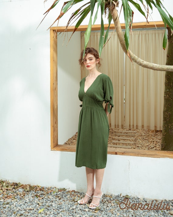 Linen Dress-linen Sheath Dress-linen Vintage Inspired Dress-linen V-neck  Short Sleeve Relax Form Knee Length Dress-linen Women Summer Dress - Etsy