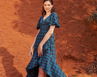 Cotton Plaid Maxi Dress - Long Summer Dress with Flutter Sleeves