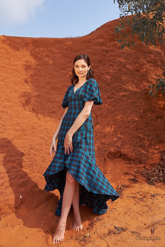 blue plaid maxi dress Blue Plaid Smocked Shoulder Tie Maxi Dress main image 0