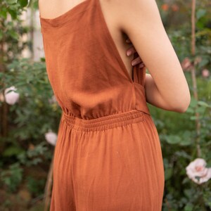 Linen Jumpsuit-Linen Overall-Linen Dungaree-Linen Pantsuit-Linen One Piece-Tied Straps, Squared Neck, Cropped Style Pant, Elastic Waist image 7