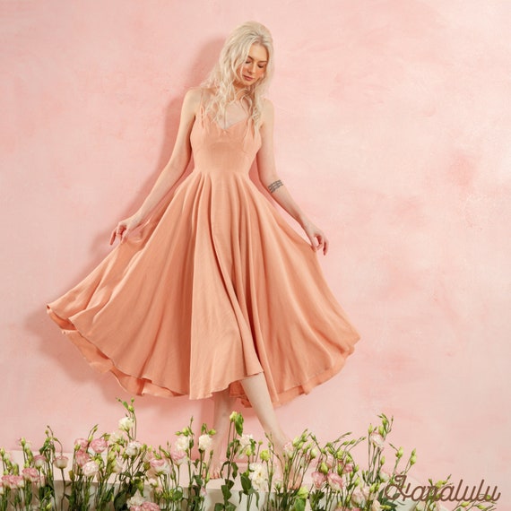 peach fit and flare dress Peach Short Sleeves Lace Fit and Flare Maxi Dress for Women main image 0