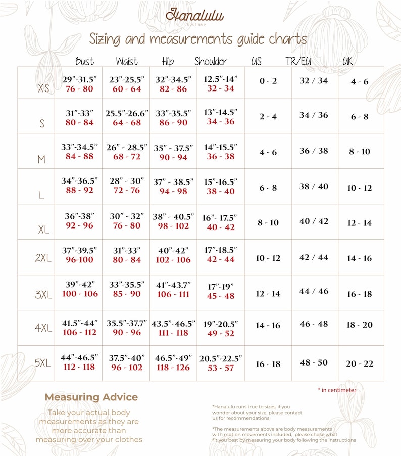 May include: Size chart for clothing with measurements in inches for bust, waist, hip, and shoulder. The chart also includes US, Turkish/European, and UK sizes.