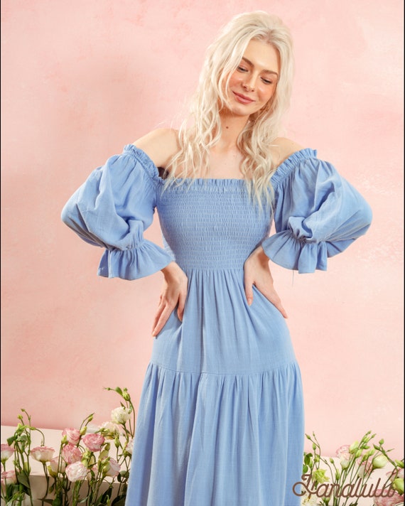 Linen Smocked Off-shoulder Dress With Puffed Sleeves - Etsy