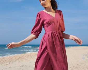 Linen Wrap Dress-Linen Midi Length Over the Knee Sundress Wrapped Style-Linen Knee Length Circle Fit and Flare Sheath Dress