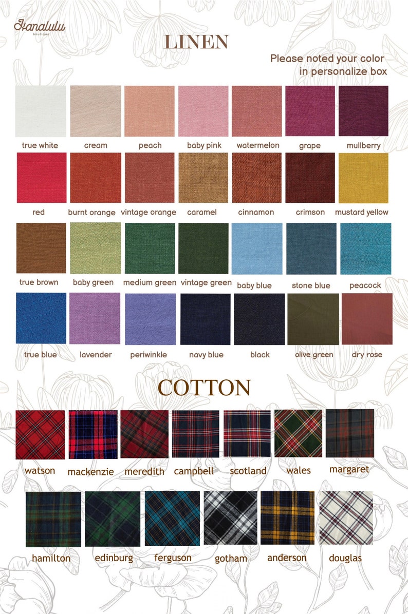 Pu&ograve; includere: Una tabella di campioni di tessuto con le parole "LINEN" e "COTTON" in alto. I campioni sono etichettati con nomi come "true white", "cream", "peach", "baby pink", "watermelon", "grape", "mulberry", "red", "burnt orange", "vintage orange", "caramel", "cinnamon", "crimson", "mustard yellow", "true brown", "baby green", "medium green", "vintage green", "baby blue", "stone blue", "peacock", "true blue", "lavender", "periwinkle", "navy blue", "black", "olive green", "dry rose", "watson", "mackenzie", "meredith", "campbell", "scotland", "wales", "margaret", "hamilton", "edinburg", "ferguson", "gotham", "anderson" e "douglas".