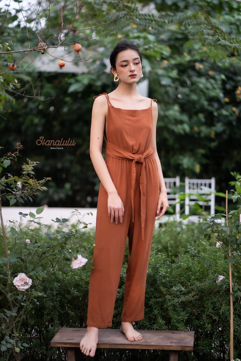 Linen Jumpsuit-Linen Overall-Linen Dungaree-Linen Pantsuit-Linen One Piece-Tied Straps, Squared Neck, Cropped Style Pant, Elastic Waist image 1