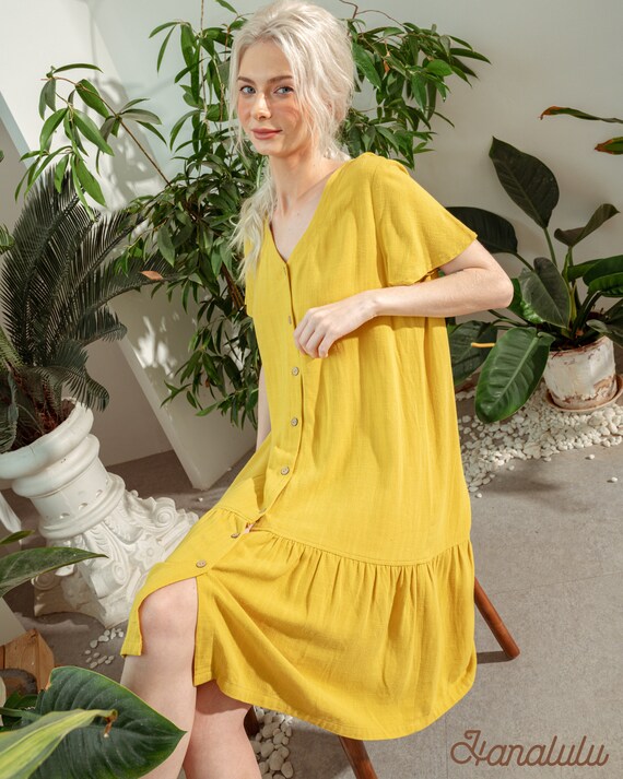 knee length dresses for ladies Aysha Buttoned Linen Midi Dress / Lemon | Meshki main image 1
