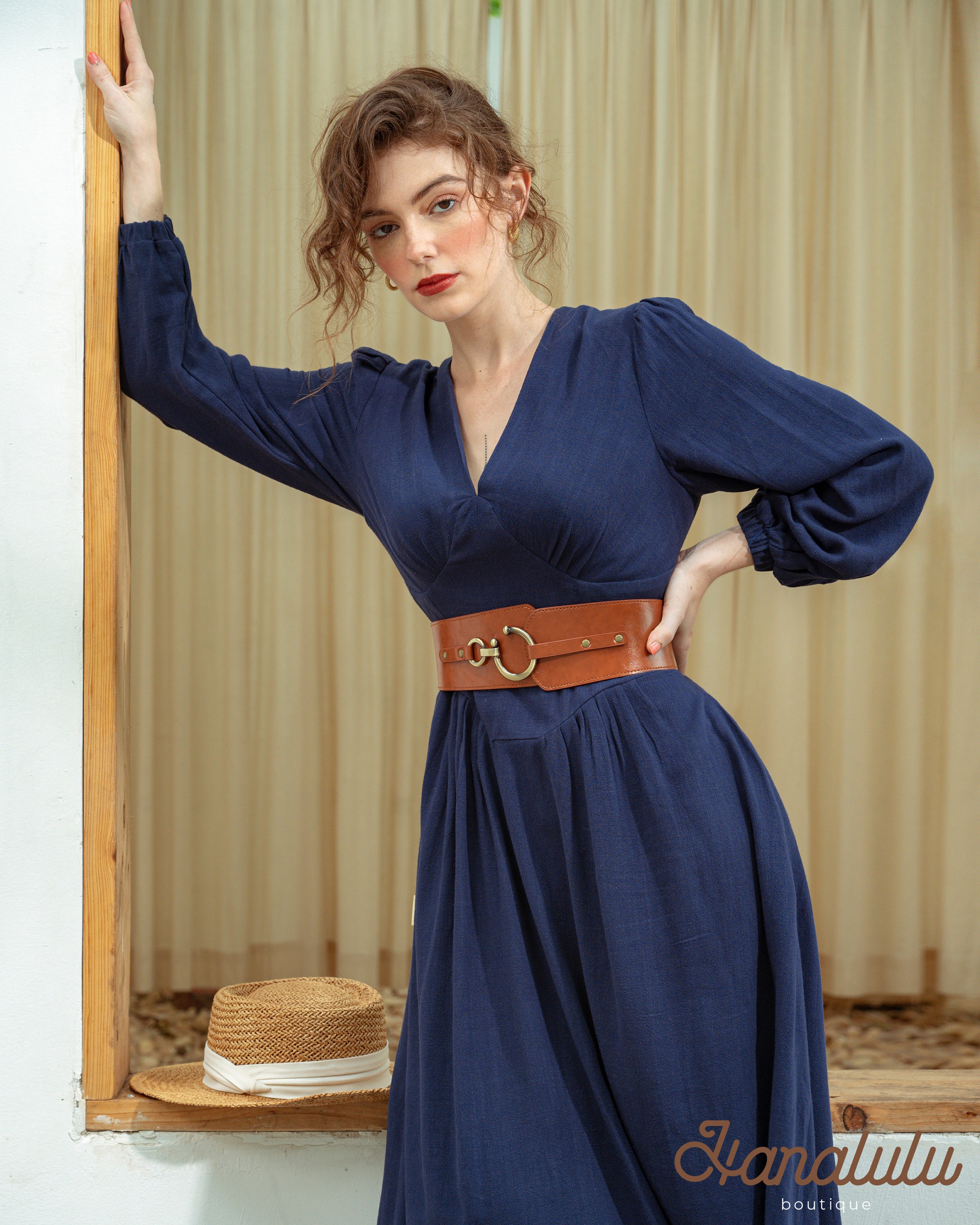 Linen Midi Dress: Corset-Inspired, Long Sleeve, Summer Fall Linen Midi Dress: Corset-Inspired, Long Sleeve, Summer Fall