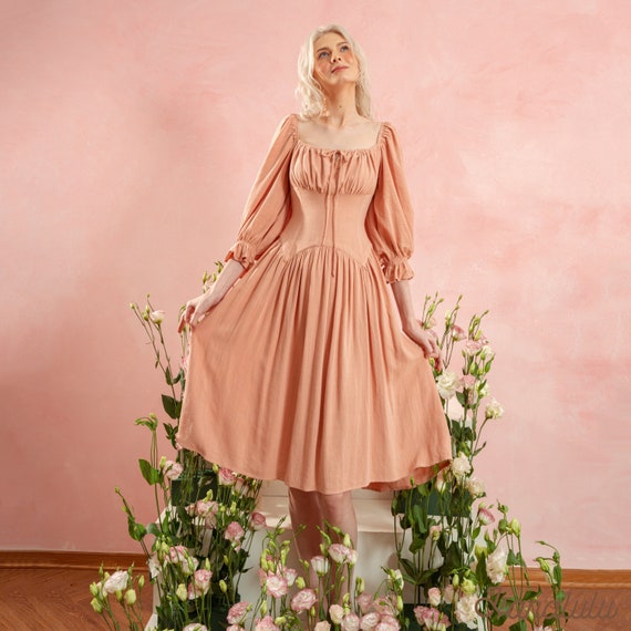 knee length dresses for ladies Women Size M Staud Wheat Solid Linen Smocked Waist Midi Dress