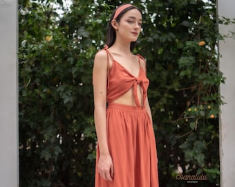Linen Cotton Tie-Front Dress - Midriff Sundress