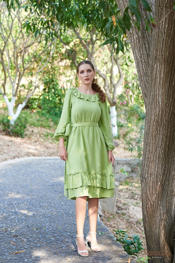 knee length dresses for ladies Green Ruffle Midi Dress