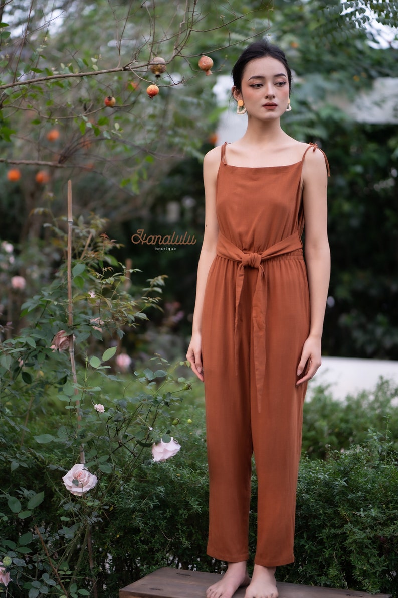 Linen Jumpsuit-Linen Overall-Linen Dungaree-Linen Pantsuit-Linen One Piece-Tied Straps, Squared Neck, Cropped Style Pant, Elastic Waist image 2