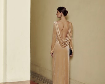 Velvet Dress-Women Velvet Long Floor Length Women Dress-Velvet Maxi Open Back Backless-Velvet Dress Long Sleeve Floor Length-Velvet Women