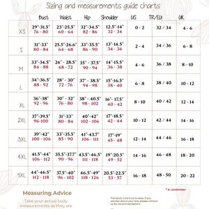 May include: Size chart for clothing with measurements in inches for bust, waist, hip, and shoulder. The chart also includes US, Turkish/European, and UK sizes.