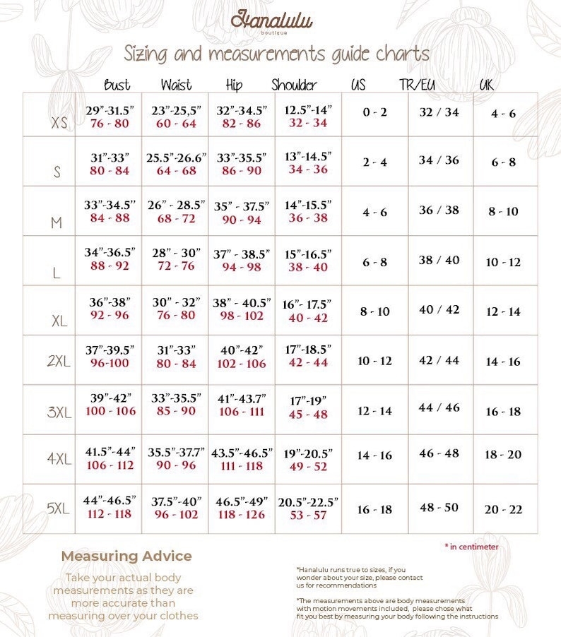 May include: Size chart for clothing with measurements in inches for bust, waist, hip, and shoulder. The chart also includes US, Turkish/European, and UK sizes.