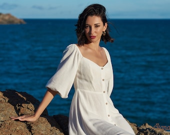 White Linen Midi Dress - Smocked Back, Classic Summer Style
