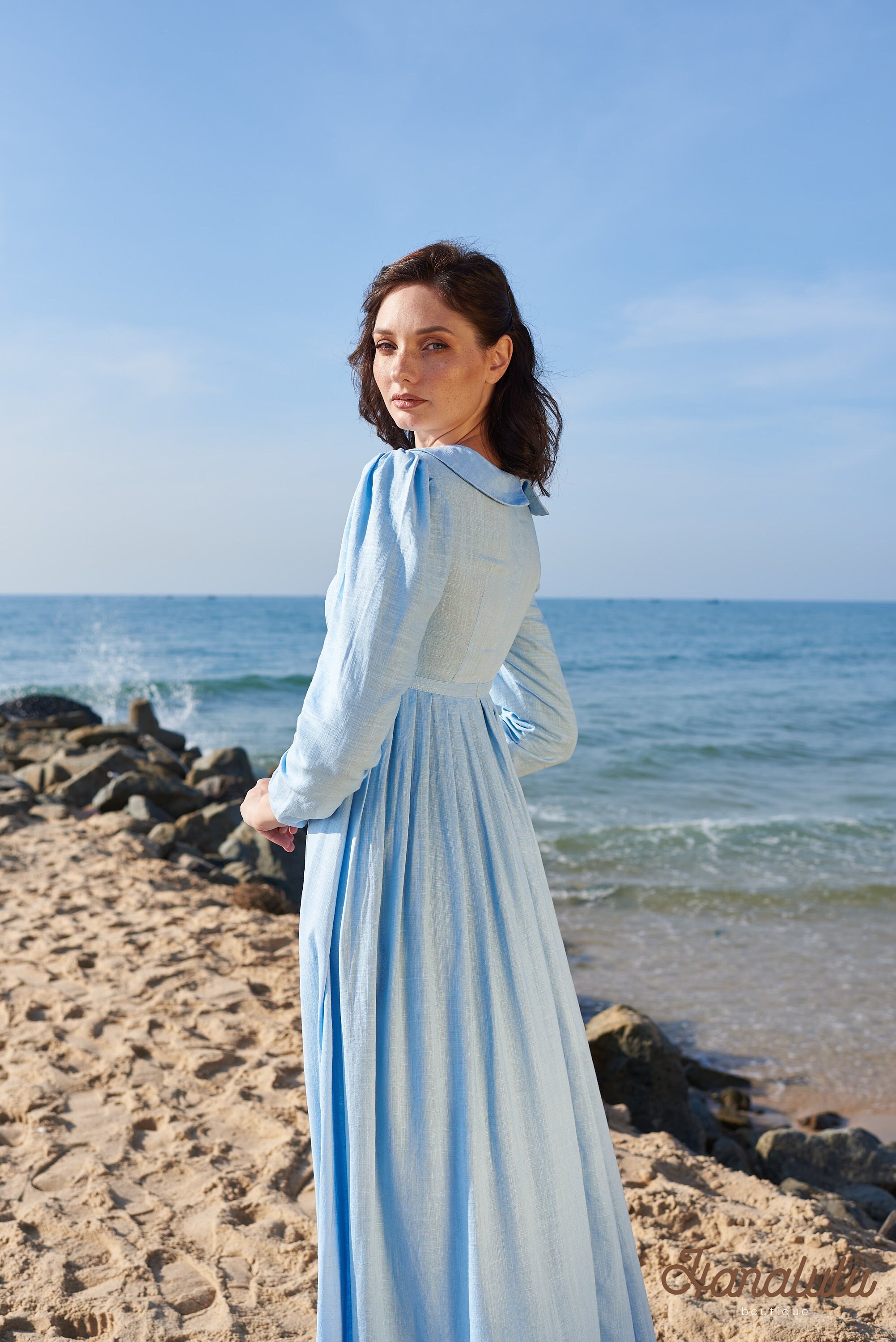 Linen Long Dress-Linen Maxi Dress-Linen Classic Floor Length Dress-Linen Simple Collared Long Sleeves Maxi Dress (Pick your Length)