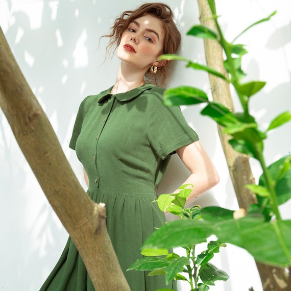 Linen Skater Dress - Vintage Fit and Flare, Peter Pan Collar