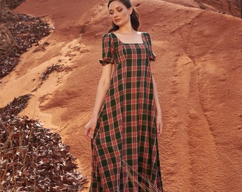 Plaid Cotton Maxi Dress, Short Sleeve Regency Style