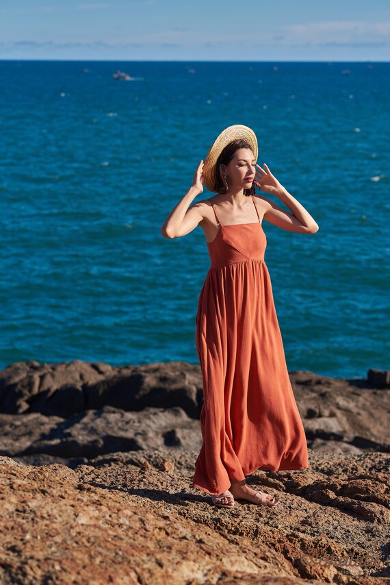 Linen Maxi Dress, Backless Summer Ankle Gown Linen Maxi Dress, Backless Summer Ankle Gown