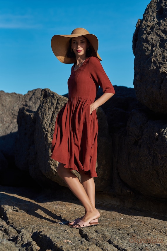 red fit and flare skater dress Crimson Linen Fit and Flare Sundress, Midi Skater Dress