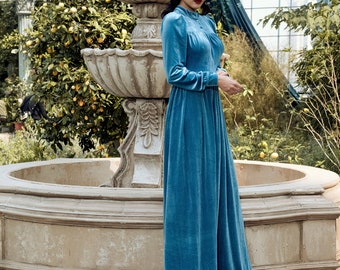 スーツ・フォーマル・ドレス SOUFFLE SLEEVE VELOUR DRESS Velvet Dress-velvet Simple Long Sleeves Dress-velvet Classic