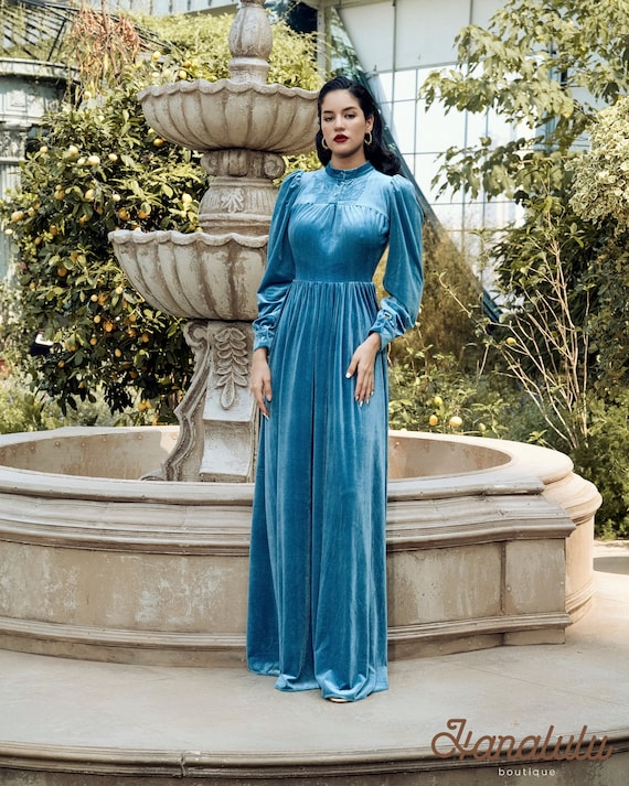 Velvet Dress-velvet Simple Long Sleeves Dress-velvet Classic High Collared- velvet Conservative Floor Length - Etsy