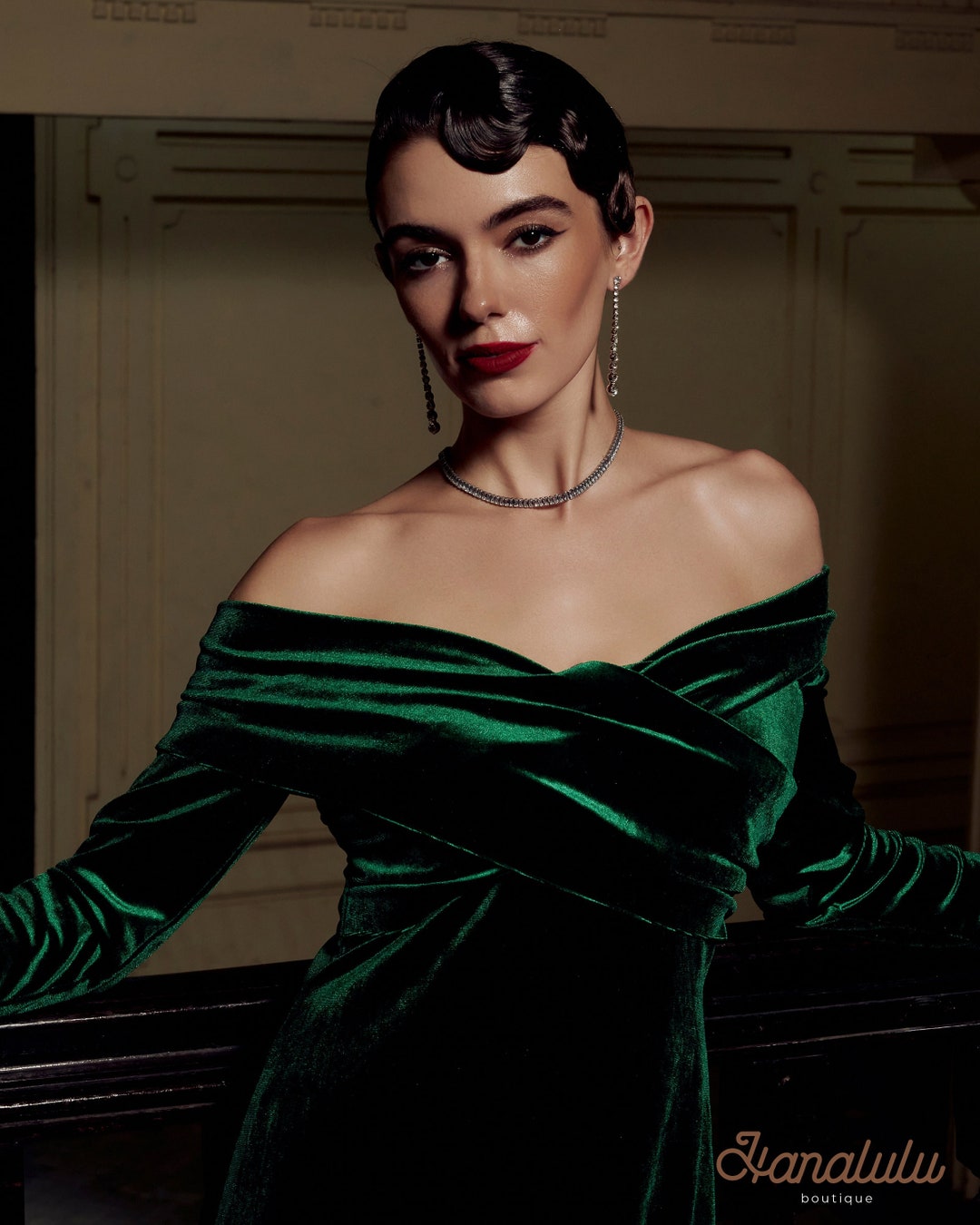 Velvet Off-the-Shoulder Beaded Sleeveless Dress With Slit Peacock