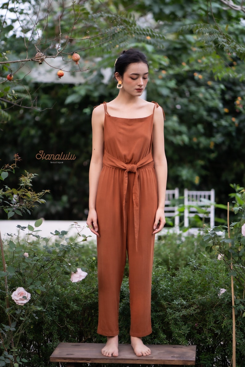 Linen Jumpsuit-Linen Overall-Linen Dungaree-Linen Pantsuit-Linen One Piece-Tied Straps, Squared Neck, Cropped Style Pant, Elastic Waist image 3