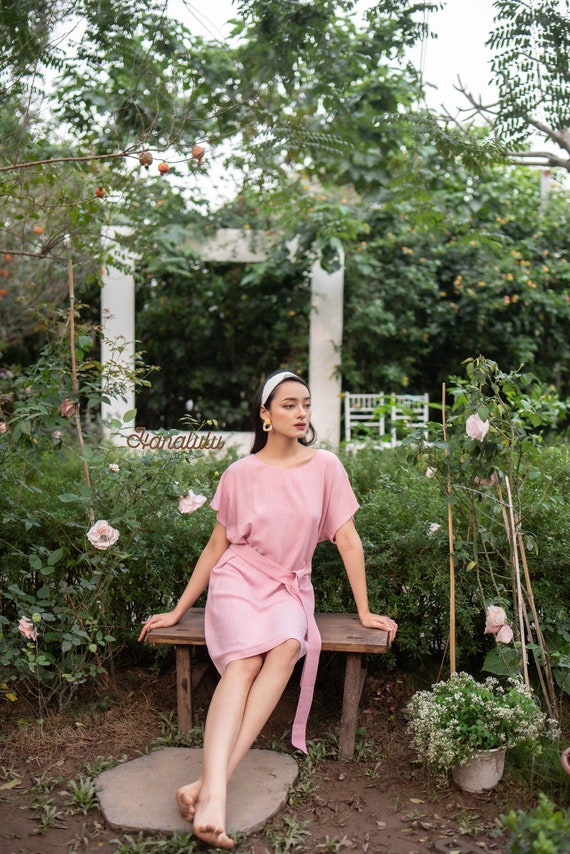 Linen Tie-Strap Dress, Basic Boat Neck Knee Length