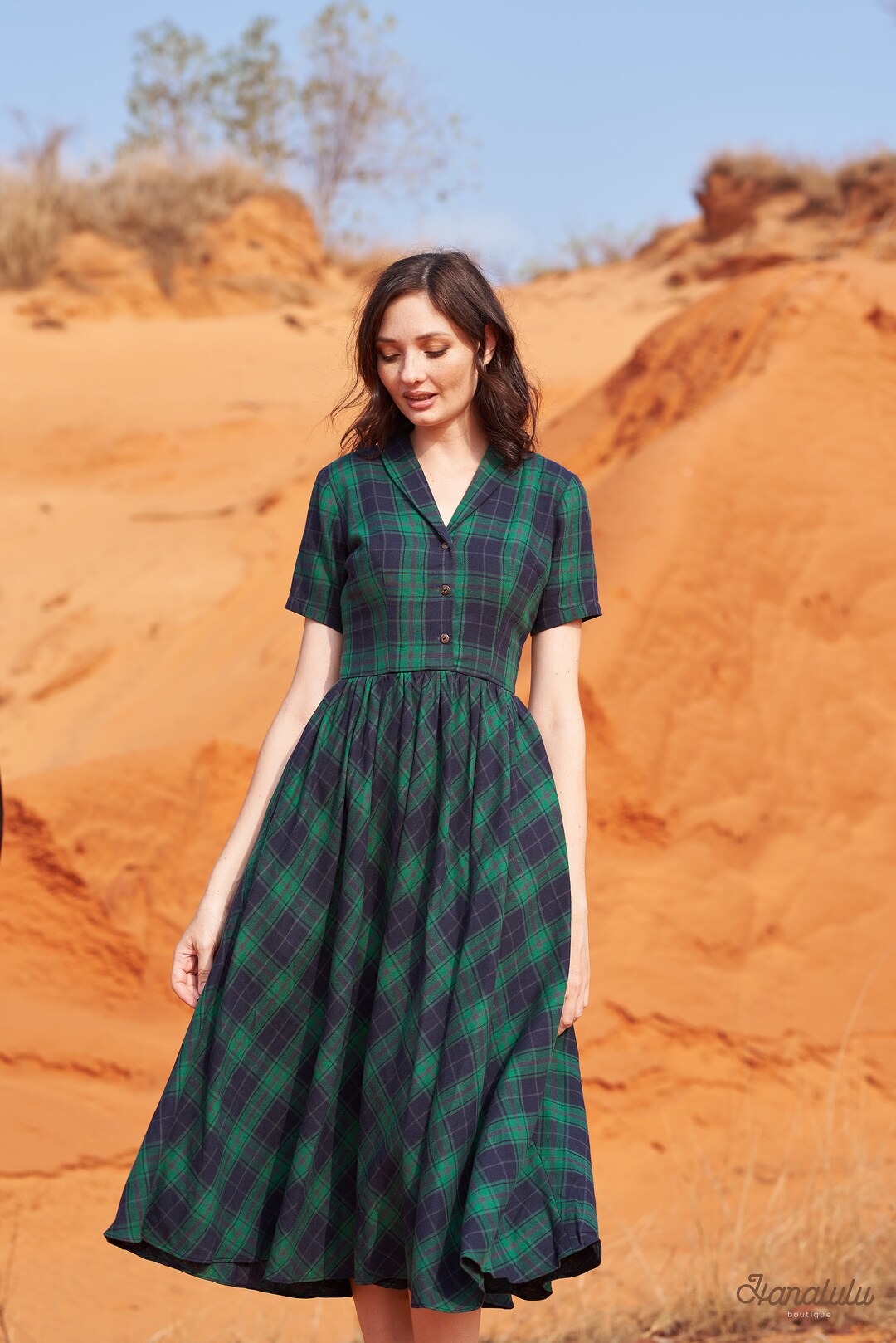 Cotton Plaid Sundress, Short Sleeve Skater Dress