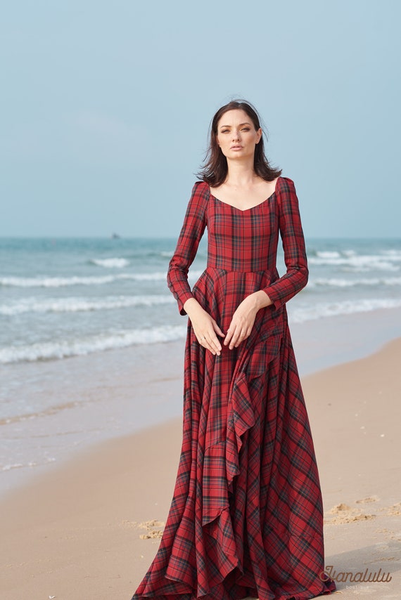Cotton Plaid Maxi Dress, Long Sleeve Ruffle Formal Gown Cotton Plaid Maxi Dress, Long Sleeve Ruffle Formal Gown