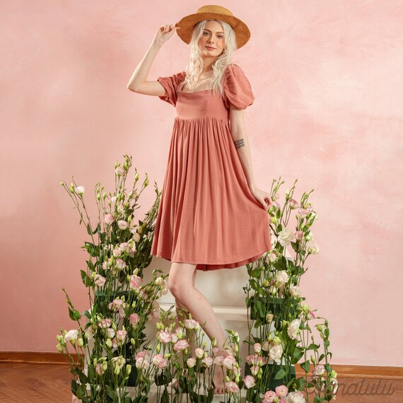 knee length dresses for ladies Yellow Linen Fringe Trim Babydoll Dress – PinkBlush main image 1