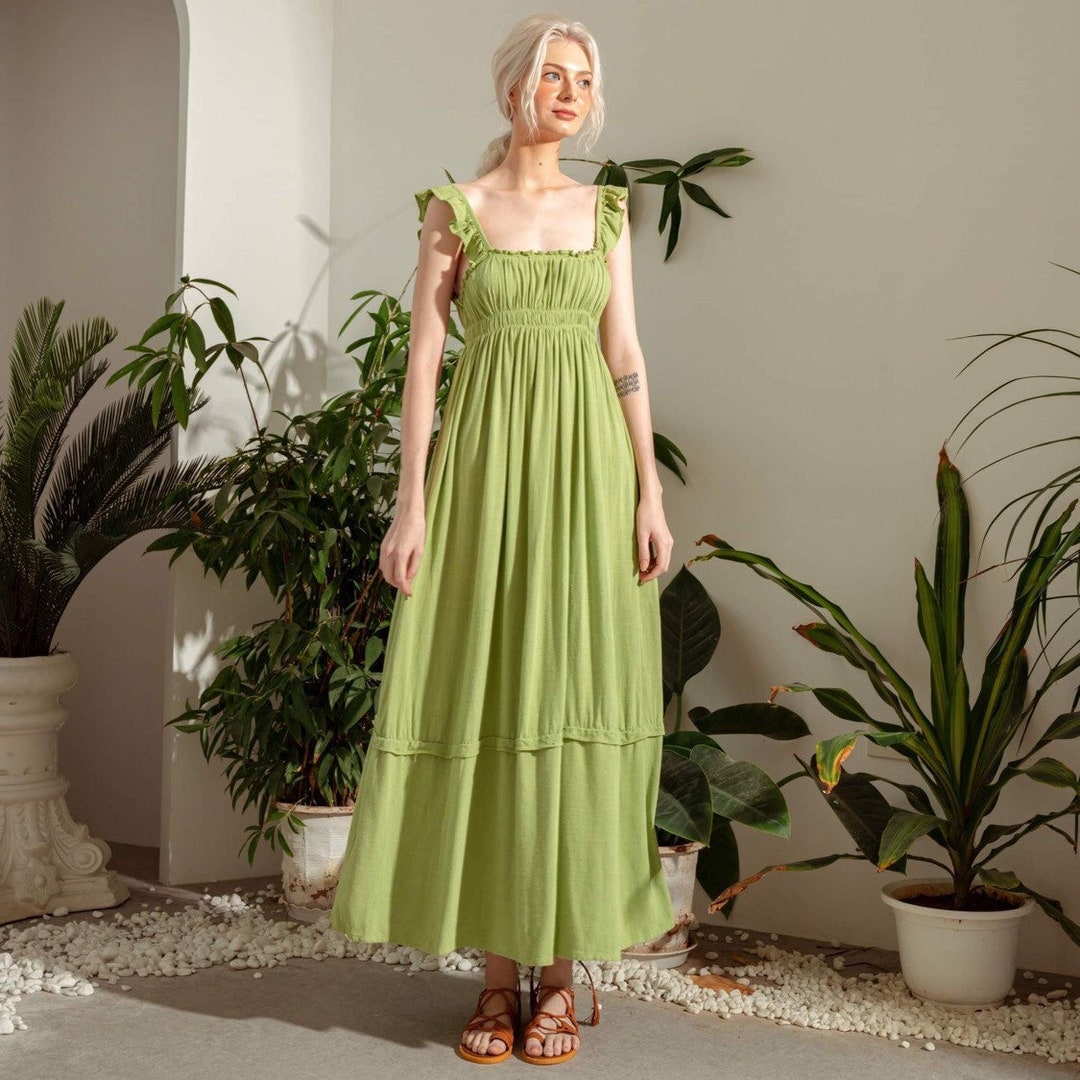 Linen Smocked Maxi Dress-linen Long Dress-gathered Busted