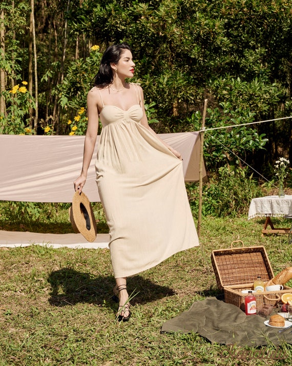 knee length dresses for ladies Lucienne Smocked Linen Maxi Dress main image 0