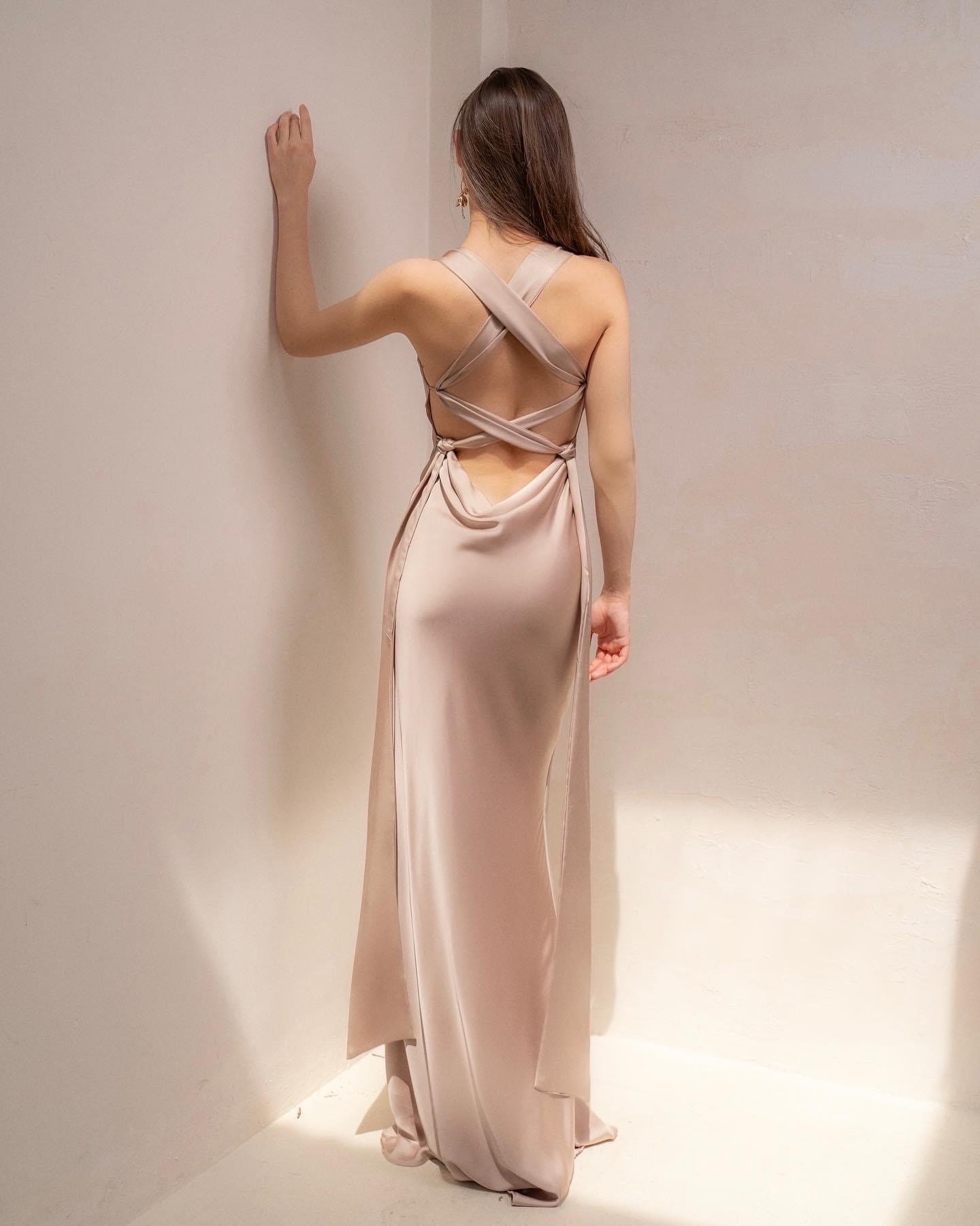 【新品】MEDI BACK CROSS DRESS Silk Criss Cross Dress-silk Midi Length Dress-silk Open Back