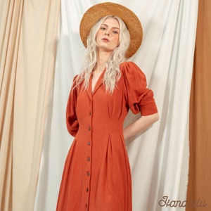 Linen Midi Dress-Linen Women Dress- Linen Summer Dress-Linen Long Sleeve Casual Dress-Linen Classic Fit&Flare Skater Dress Vintage Orange