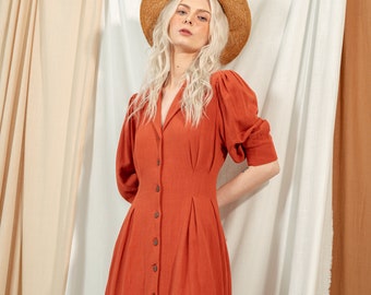 Linen Midi Dress-Linen Women Dress- Linen Summer Dress-Linen Long Sleeve Casual Dress-Linen Classic Fit&Flare Skater Dress Vintage Orange