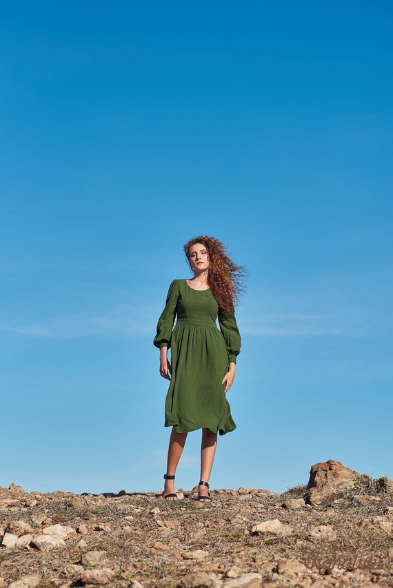 Linen Women Classic Dress-linen Simple Summer Long Sleeves Dress-linen  Basic Calf Length Dress-linen Basic Dress in Vintage Green - Etsy