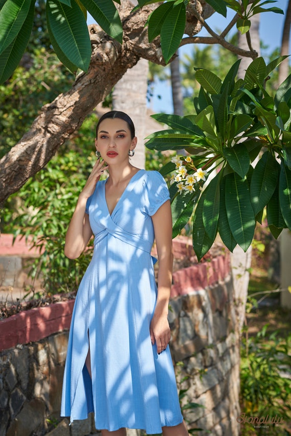 Linen Wrap Dress, V Neck A-line Midi Dress - Etsy
