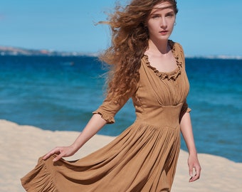Linen Midi Dress, Vintage Milkmaid Style - Ruffle Neck, Smocked Bust